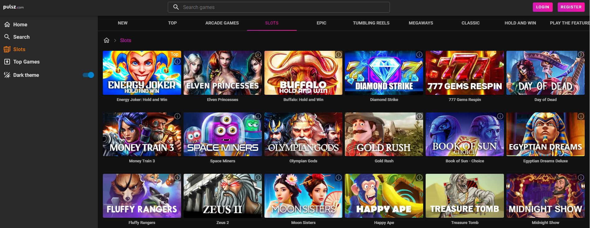 A screenshot of how the pulsz casino website looks