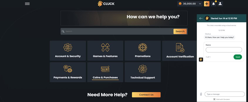 the customer support options at Cluck.us