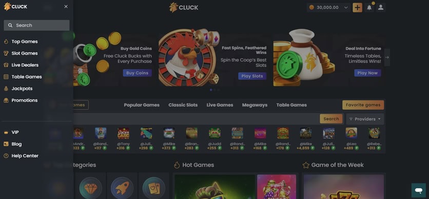 the layout of the Cluck.us website landing page