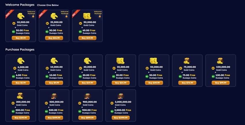 The Gold Coin bundles at SpeedSweeps