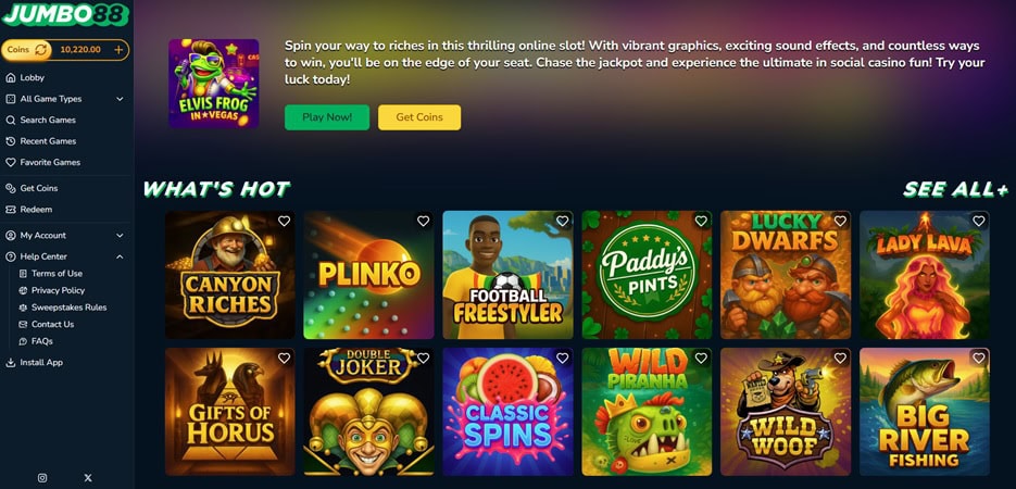 the layout of the jumbo88 casino website