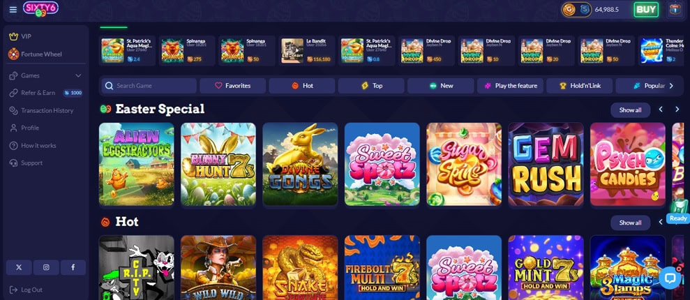 sixty6 casino website layout 