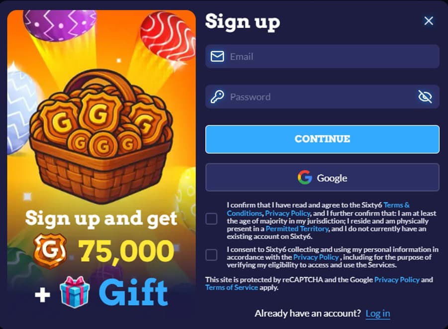 the welcome bonus at Sixty6 casino is shown alongside the login page