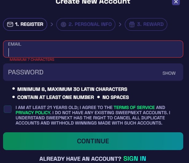 sweepnext sign-in page