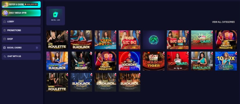 The array of live casino games available at SweepNext