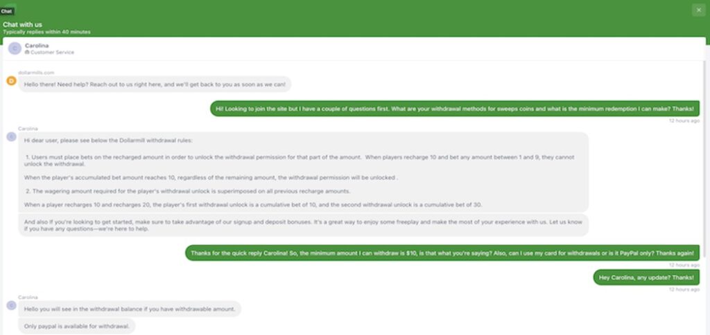 dollar mills live chat
