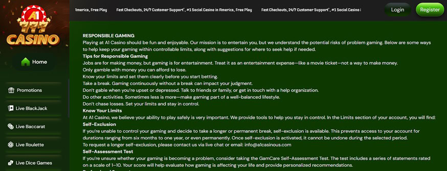 a1-casino responsible gambling