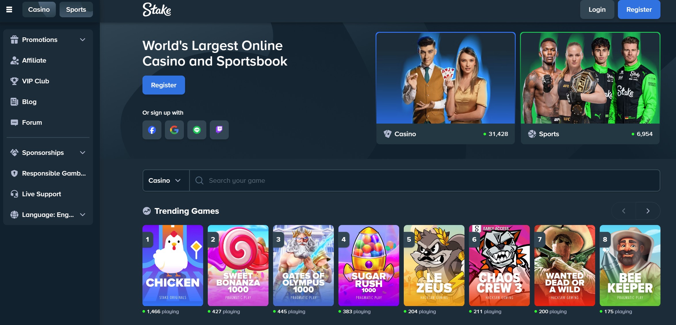 Stake casino homepage