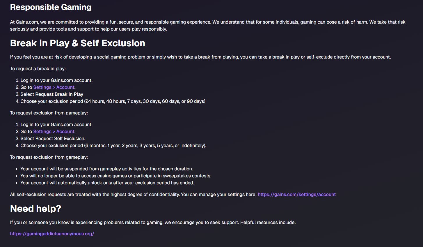 gains responsible gambling