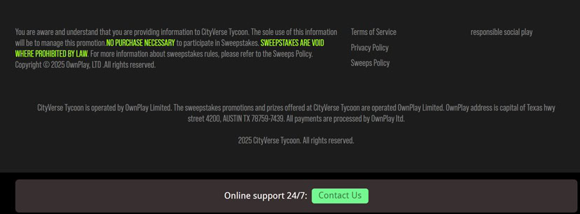 cityverse tycoon legal information